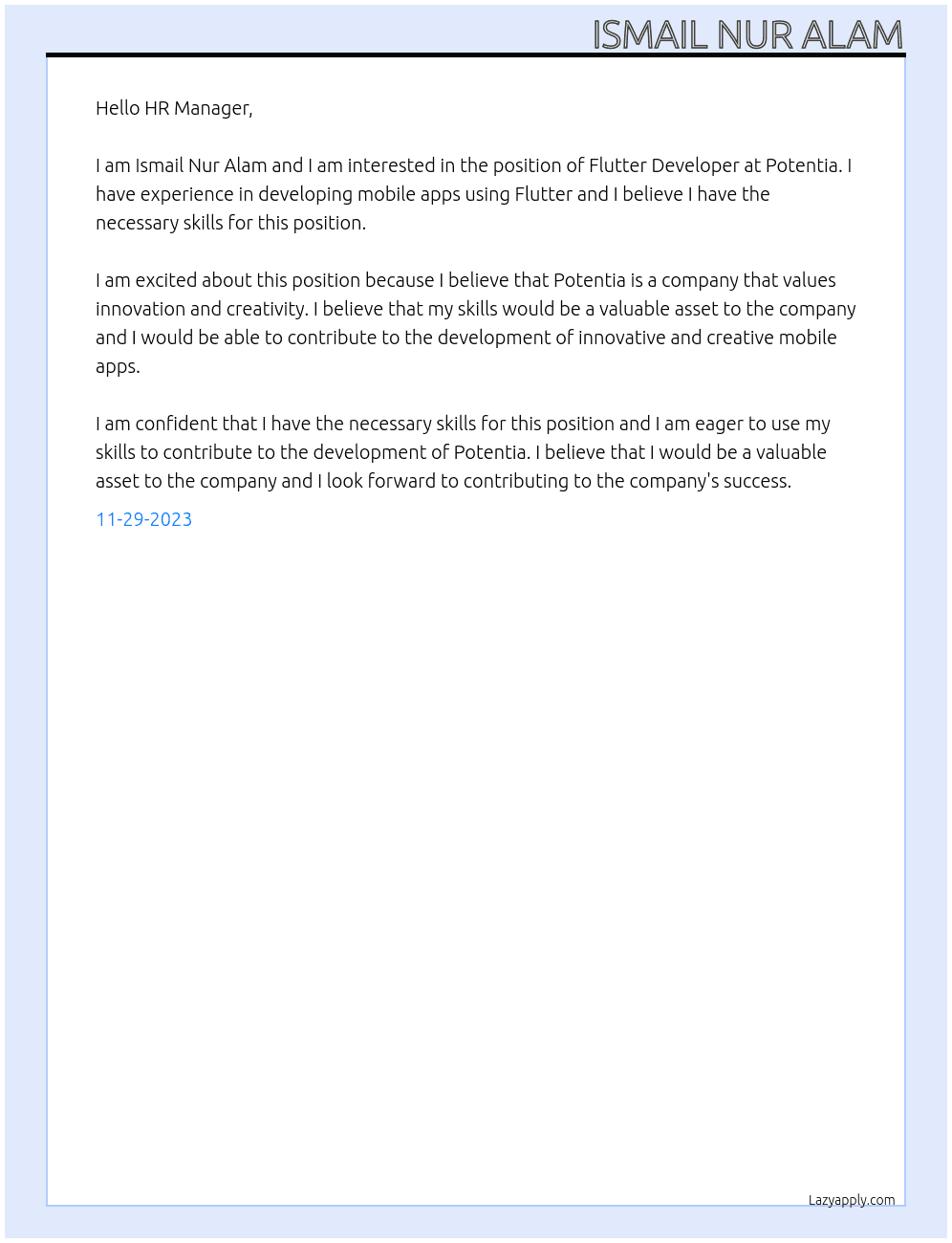 Flutter Developer At Potentia Cover Letter