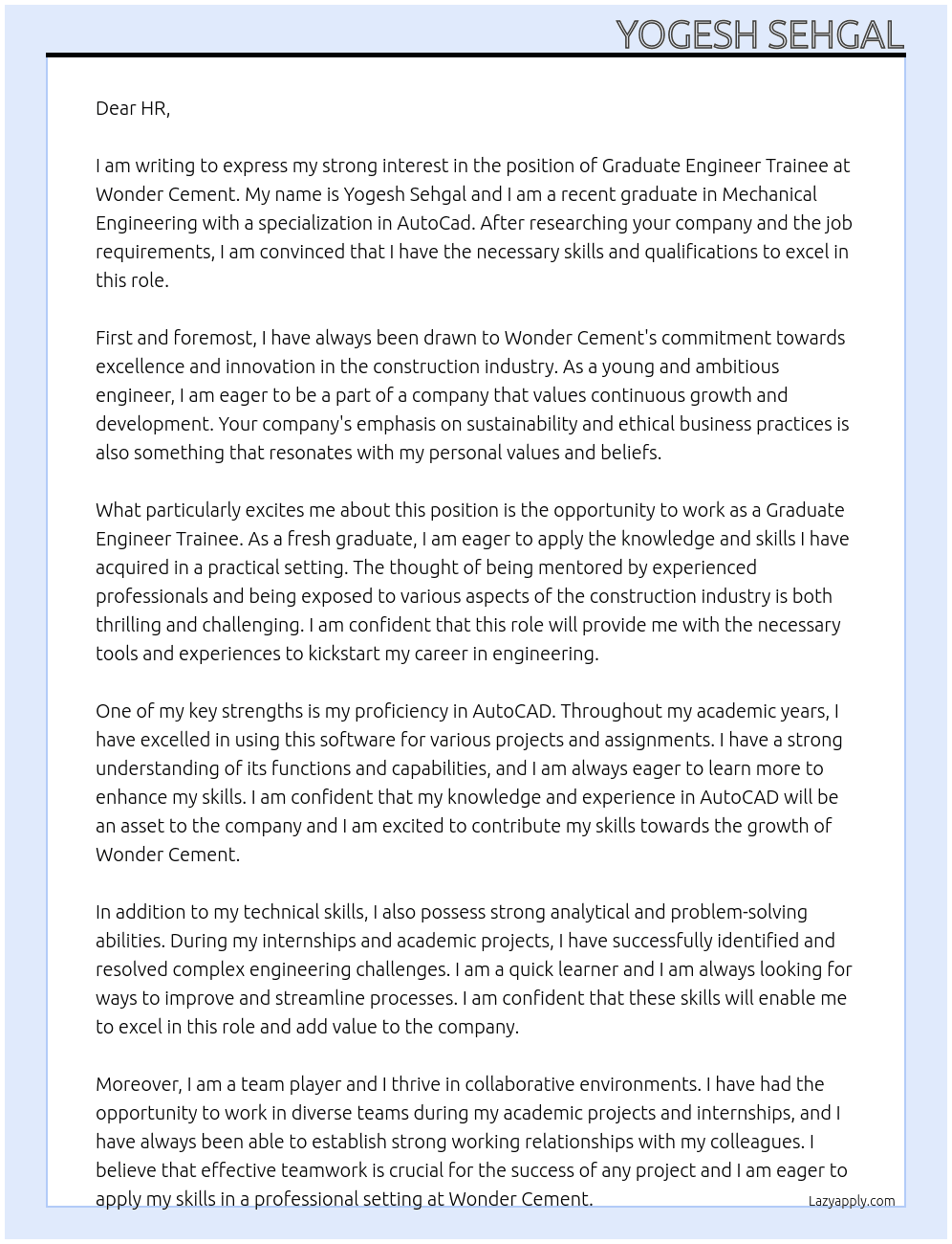 Graduate Engineer Trainee At Wonder Cement Cover Letter