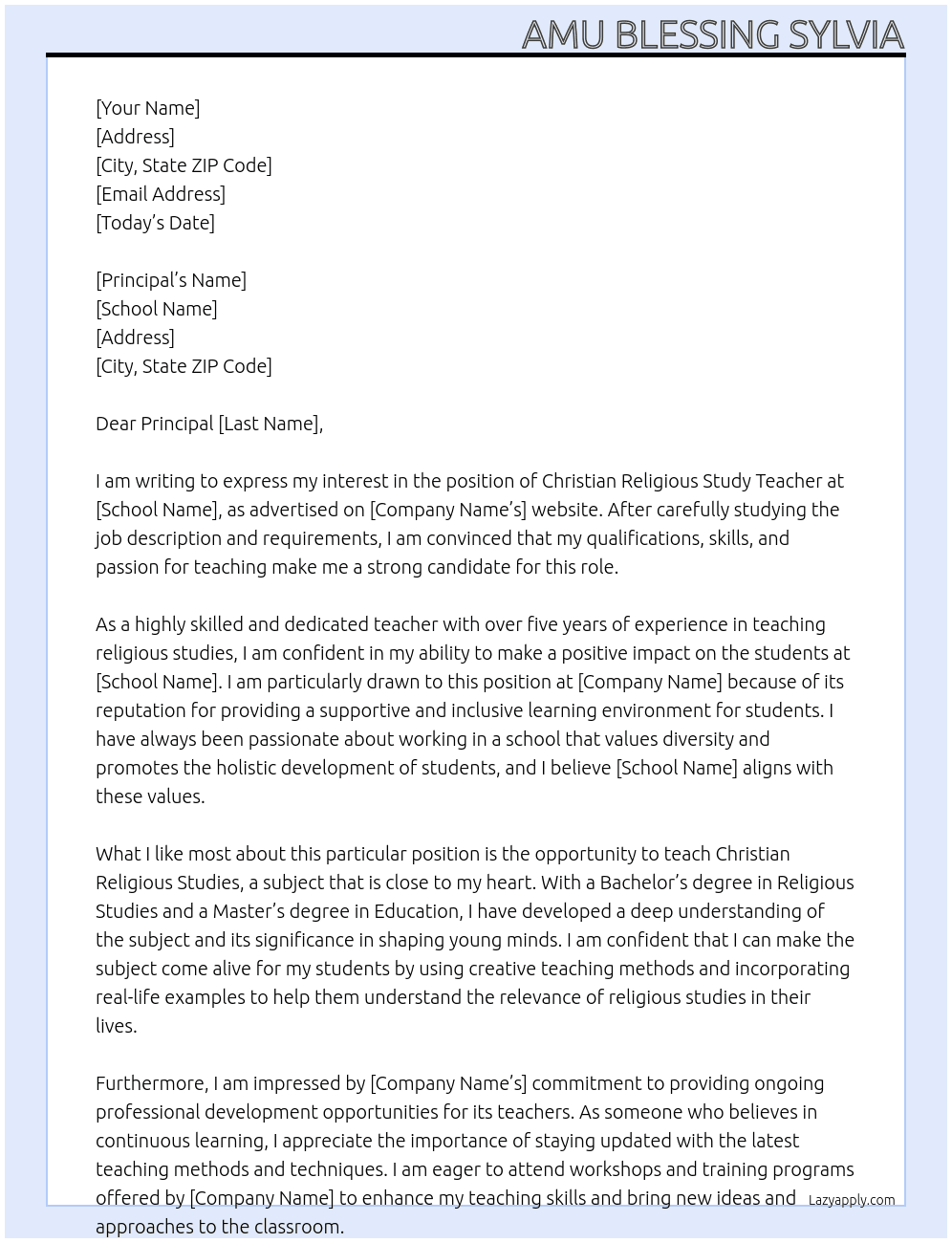 Christan Religious study Teacher At Pelican staffing solution Cover Letter