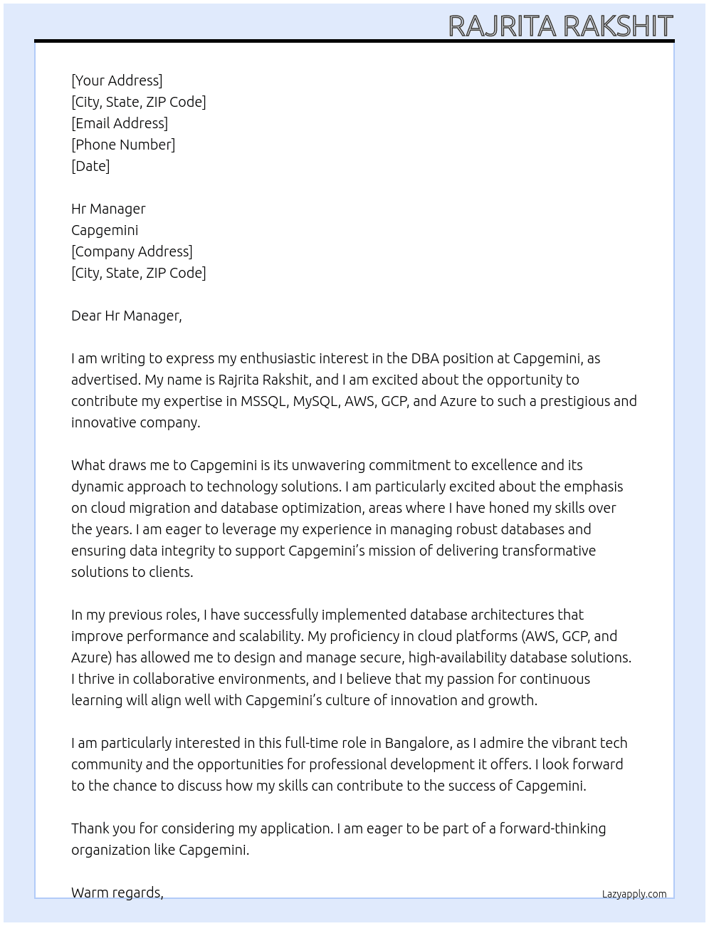 DBA At Capgemini Cover Letter