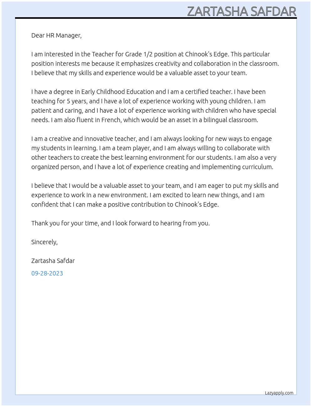 Teacher for Grade 1/2 At Chinook's egde Cover Letter