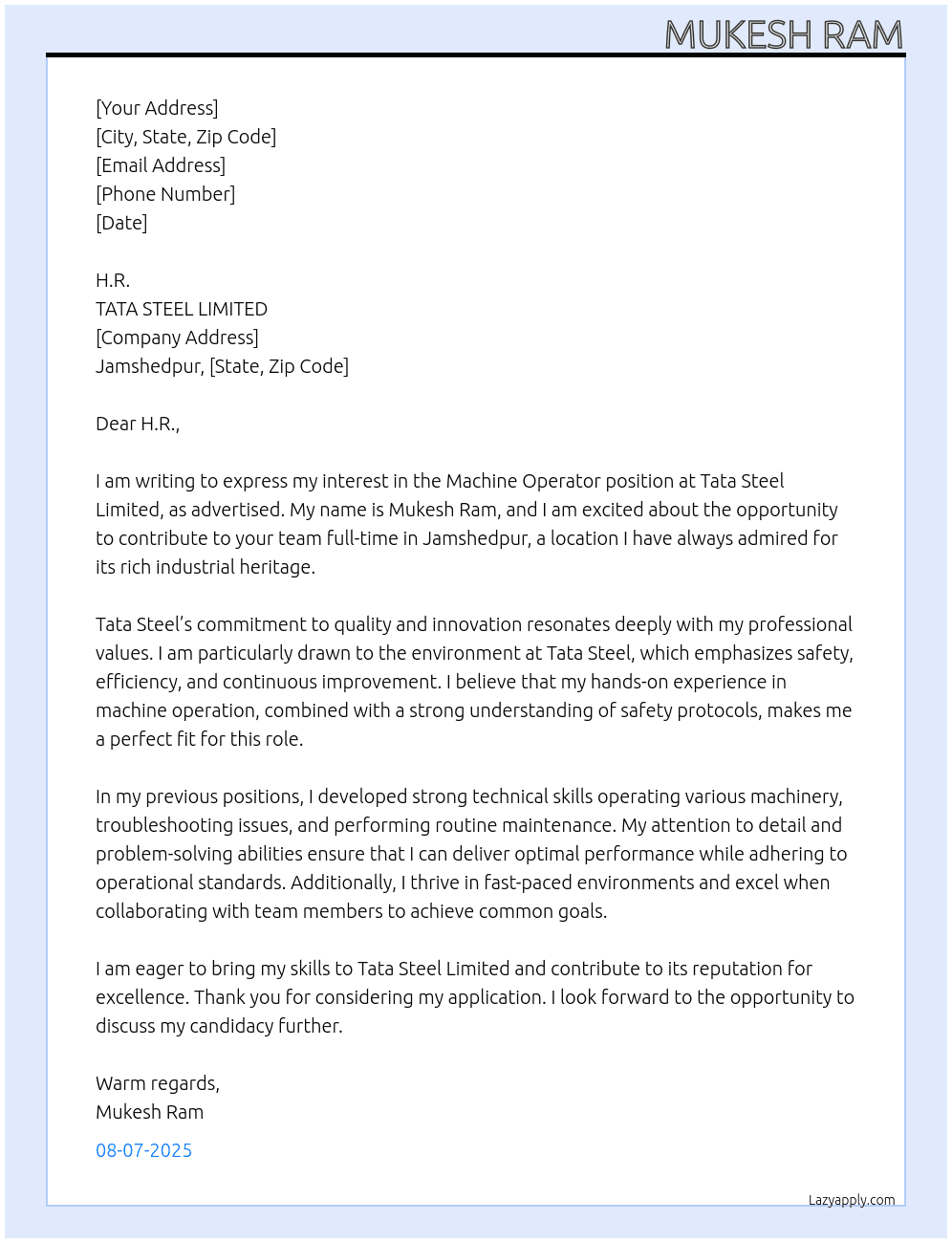Machine oprater  At TATA STEEL LIMITED  Cover Letter