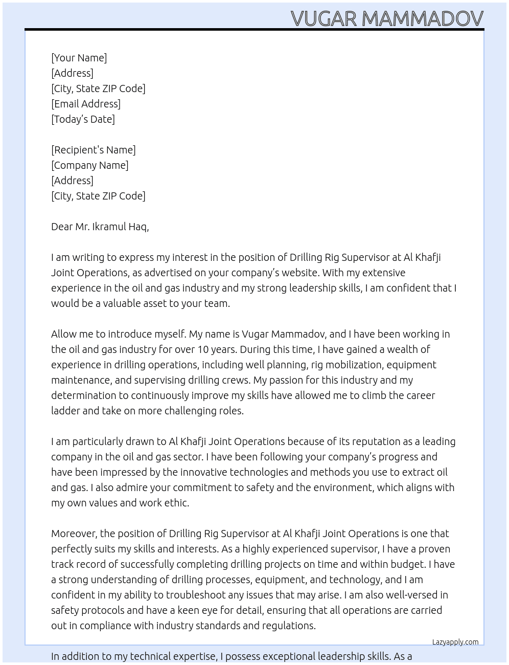 Drilling Rig Supervisor At Al Khafji Joint Operations Cover Letter