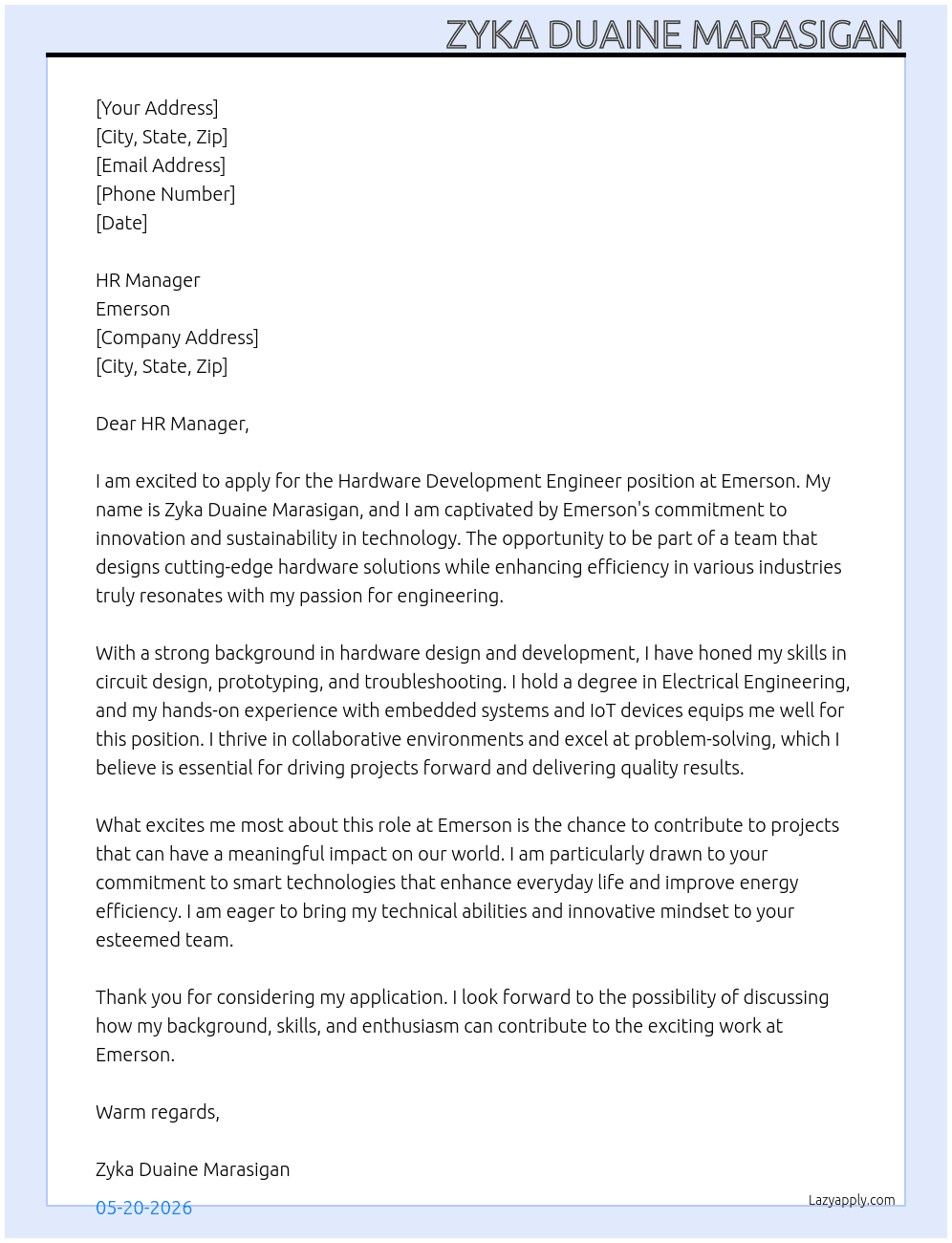 Hardware Development Engineer At Emerson Cover Letter