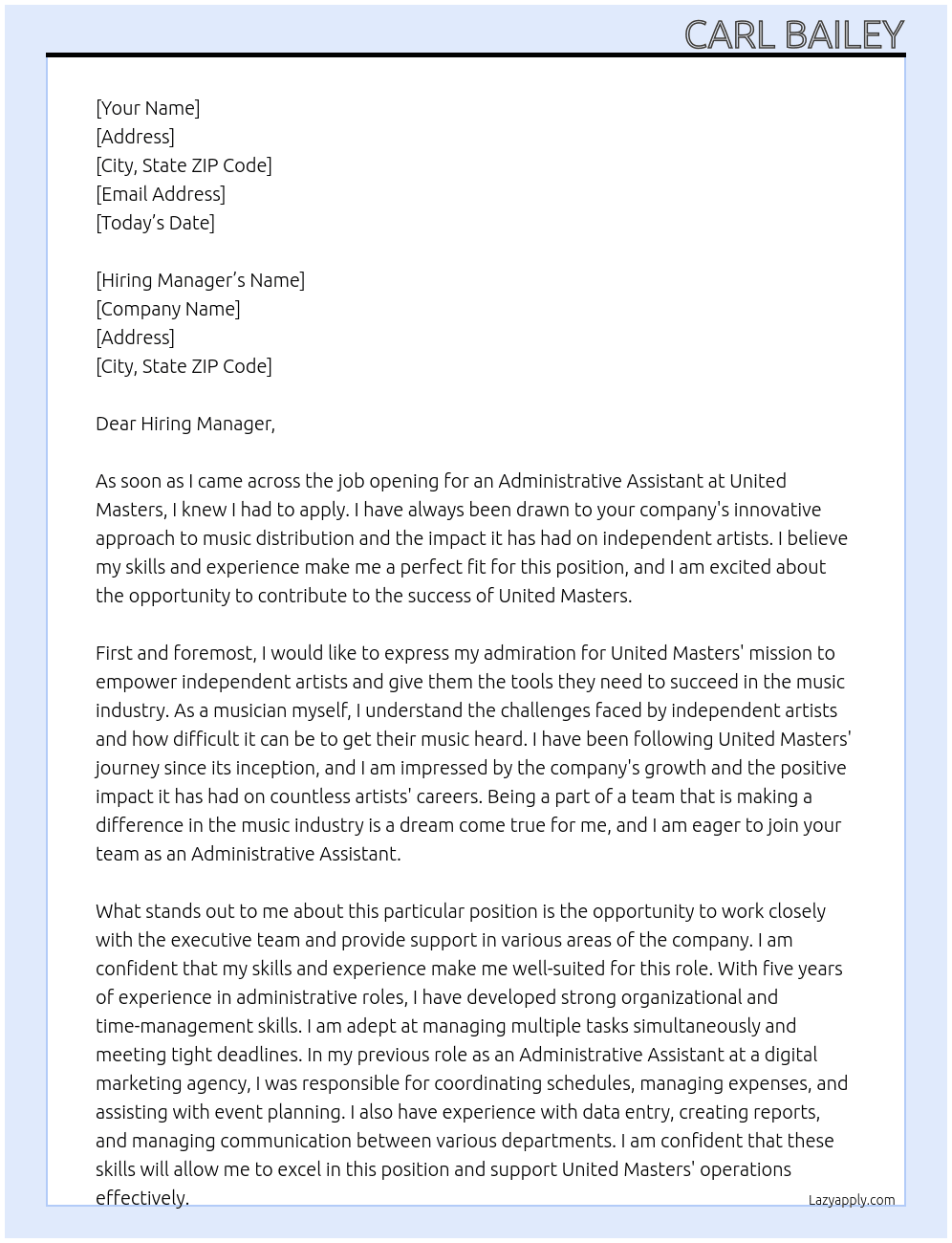 Administrative Assistant At United Masters  Cover Letter