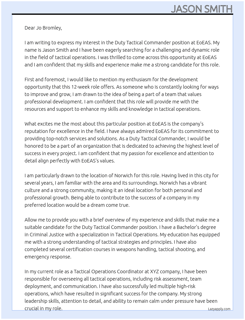 Duty Tactical Commander At EoEAS Cover Letter