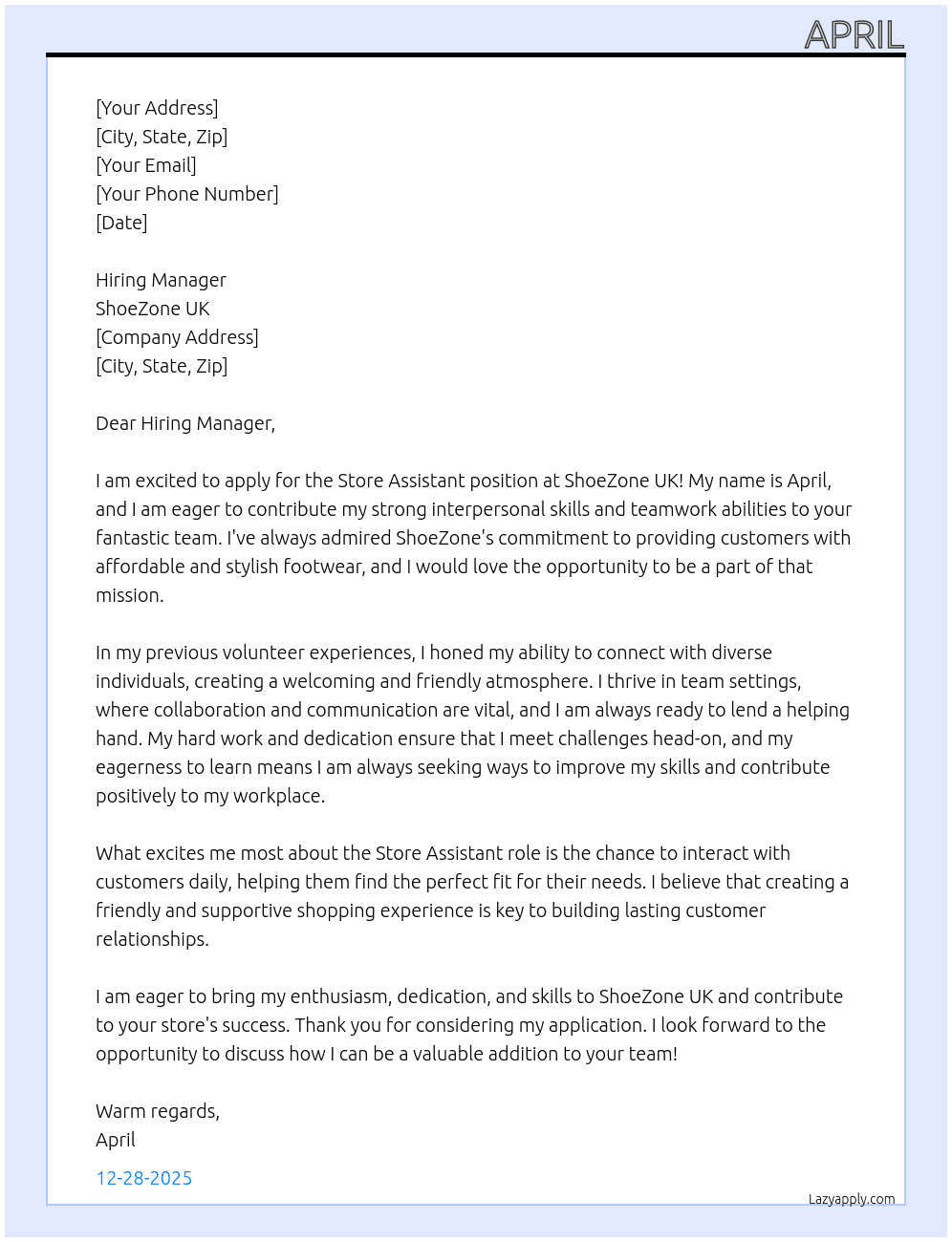 Store assistant At ShoeZone UK Cover Letter