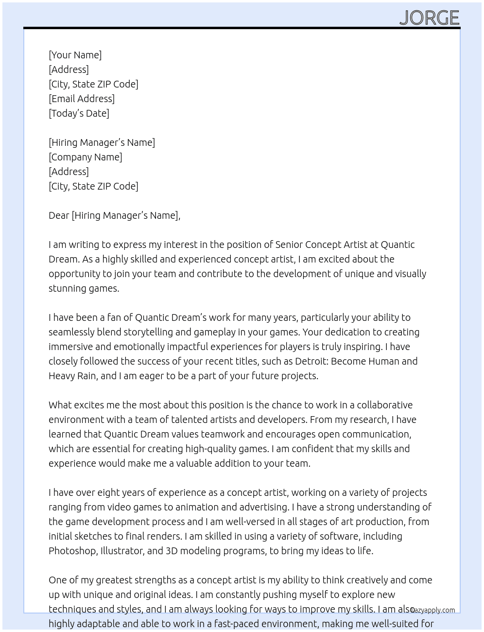 Senior concept artist At quantic dream Cover Letter