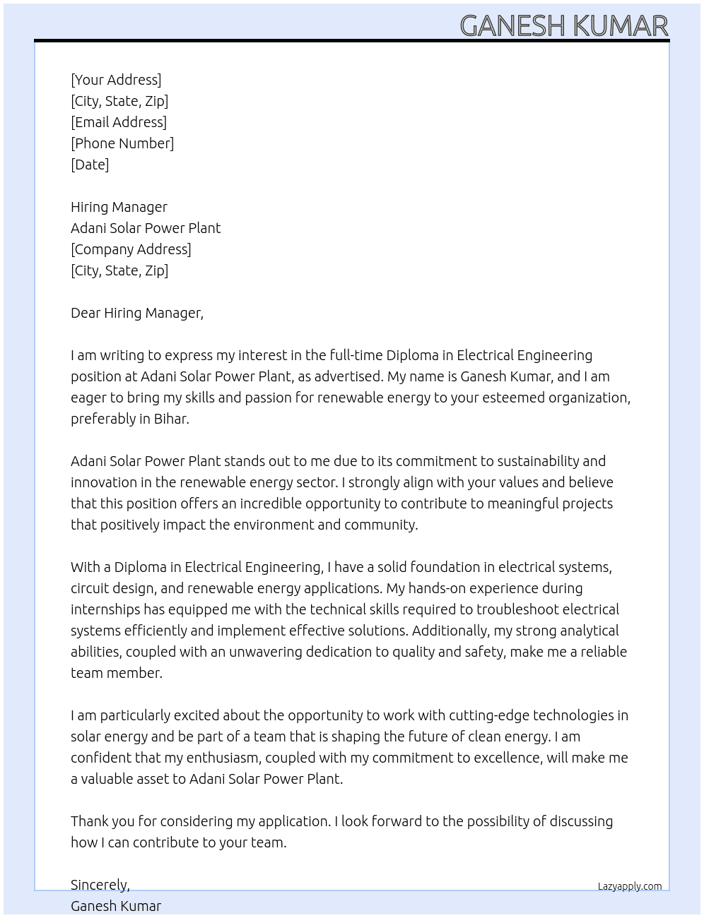Cover letter for diploma in electrical engineering - LazyApply