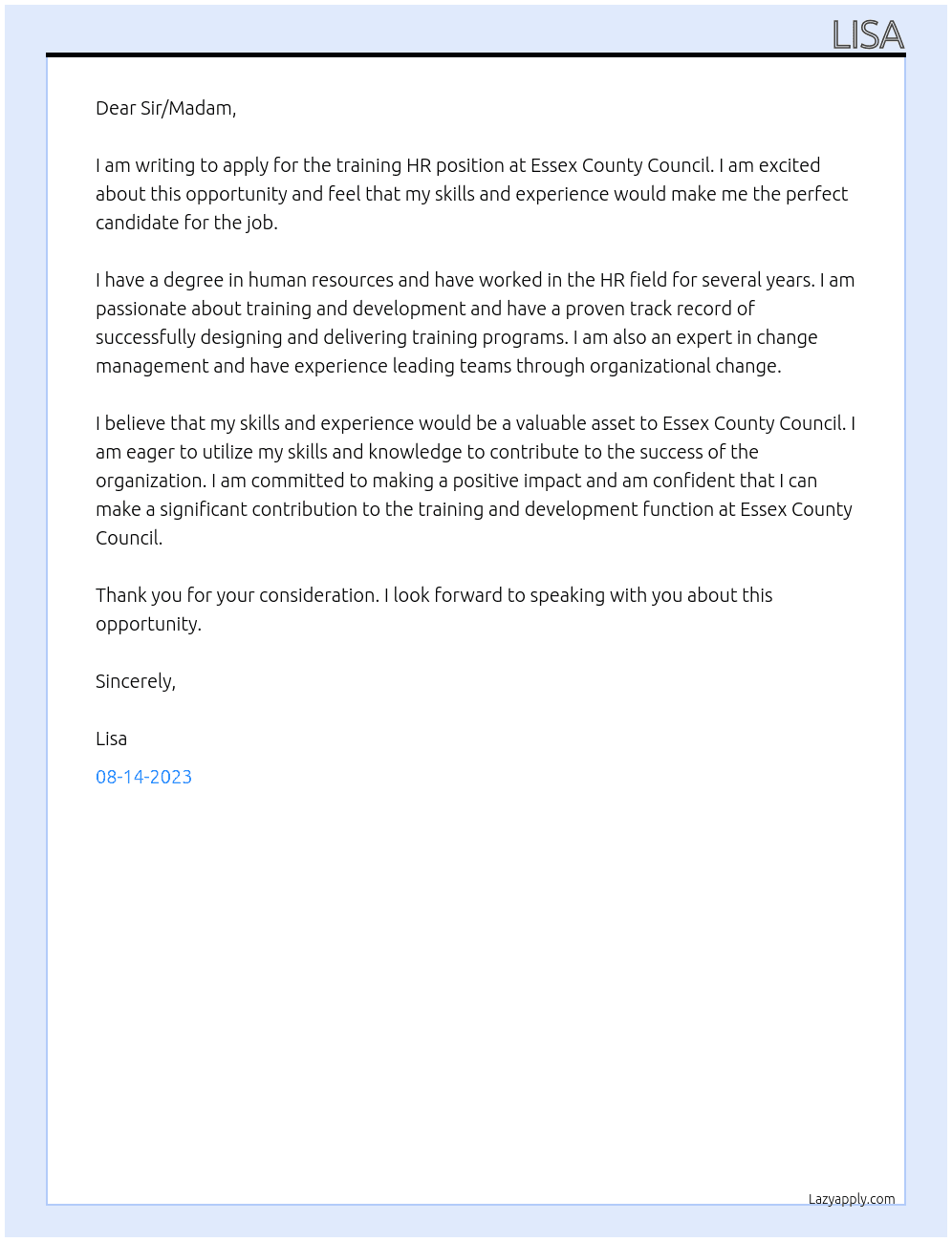 training HR At Essex County Council  Cover Letter