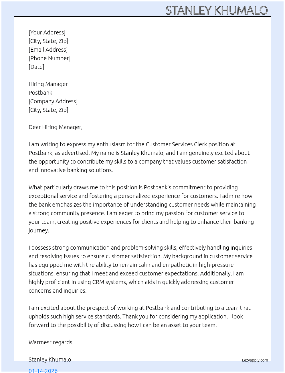 Customer services clerk  At Postbank  Cover Letter