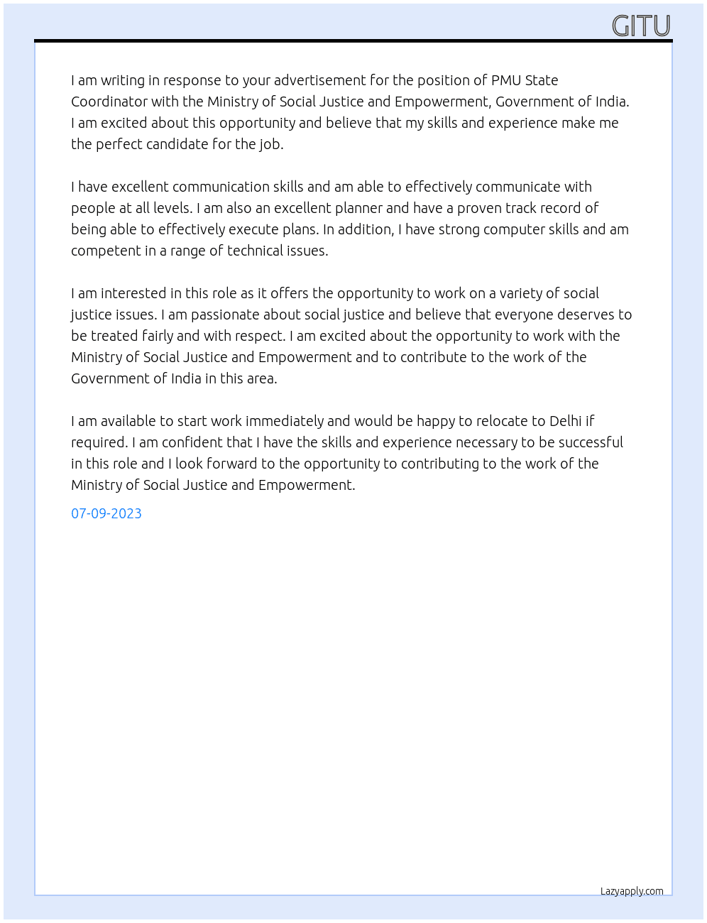 Pmu state coordinator At Ministry of social justice and empowerment, government of india Cover Letter