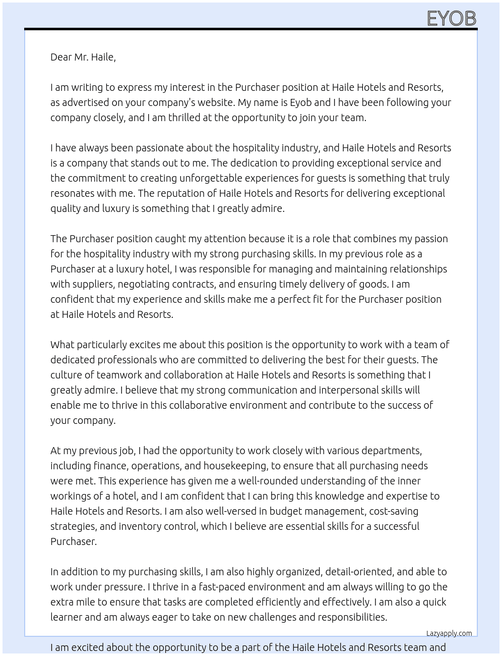 Purchaser At Haile Hotels and Resorts Cover Letter