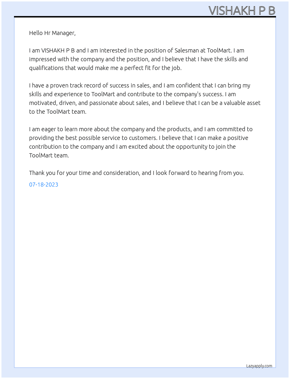 Salesman  At ToolMart Cover Letter