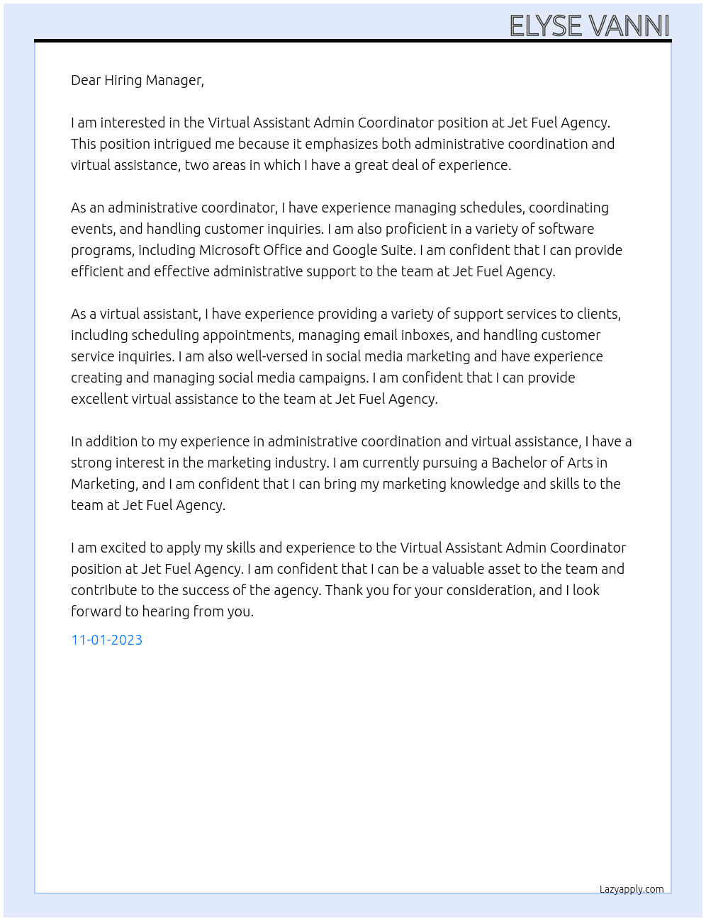 Virtual Assistant Admin Coordinator At Jet Fuel Agency Cover Letter