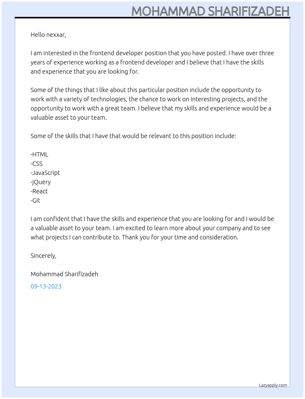 Frontend developer At nexxar Cover Letter