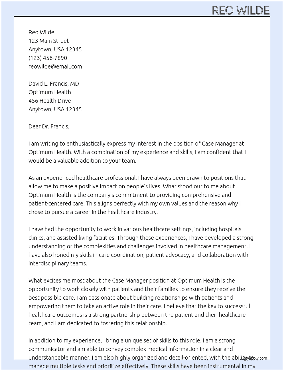 case manager  At optimum health Cover Letter