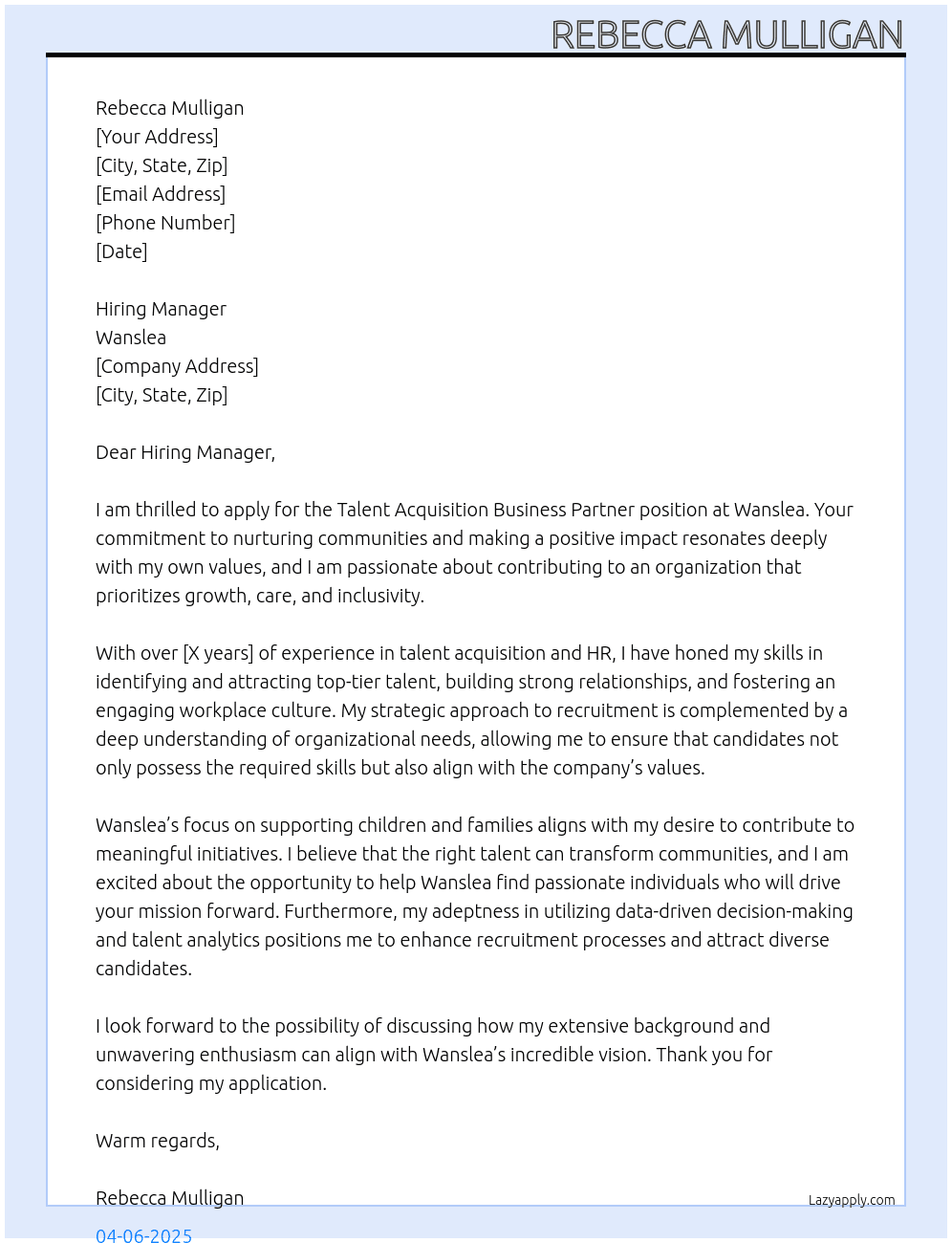 Talent Acquisition Business Partner At Wanslea Cover Letter