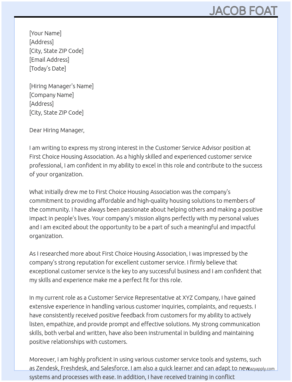 Customer service advisor At First choice housing association  Cover Letter