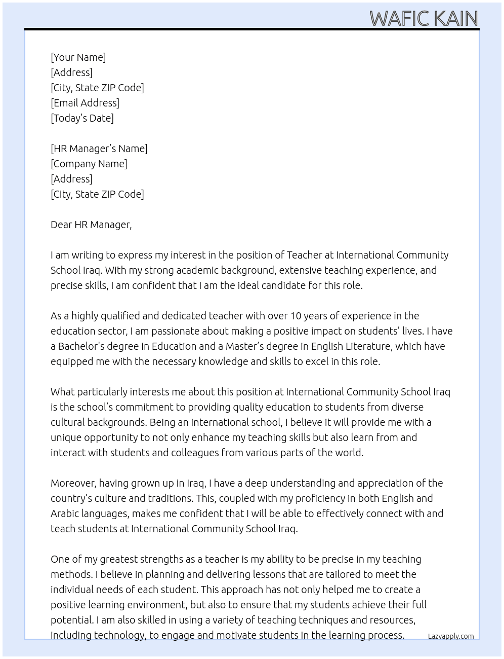 Teacher At International Community School Iraq Cover Letter