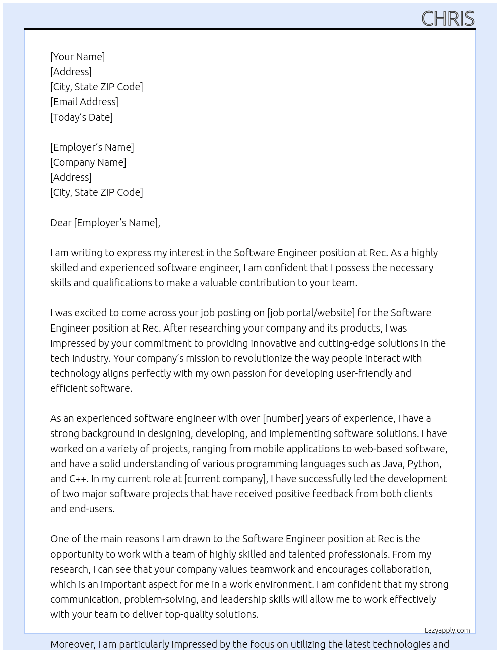 software engineer At Rec Cover Letter