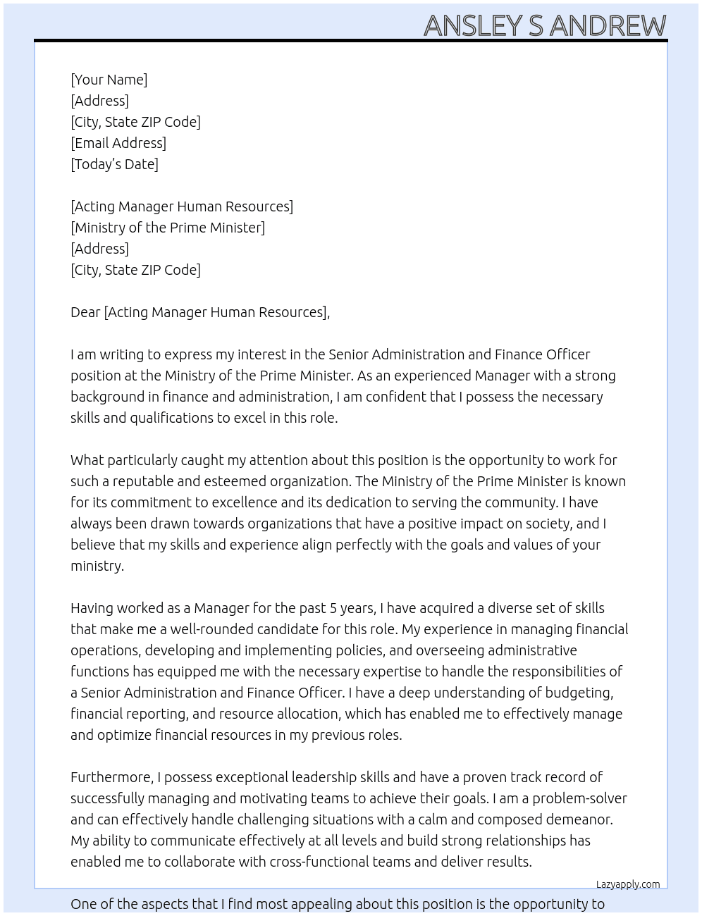 Senior Administration and Finance Officer At Ministry of the Prime Minister Cover Letter