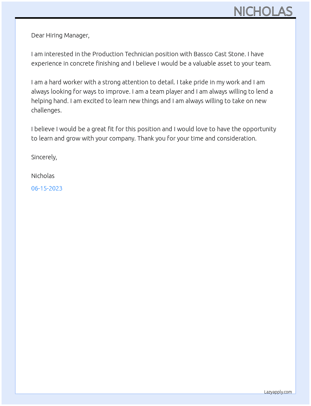 Production Technician At Bassco Cast Stone Cover Letter