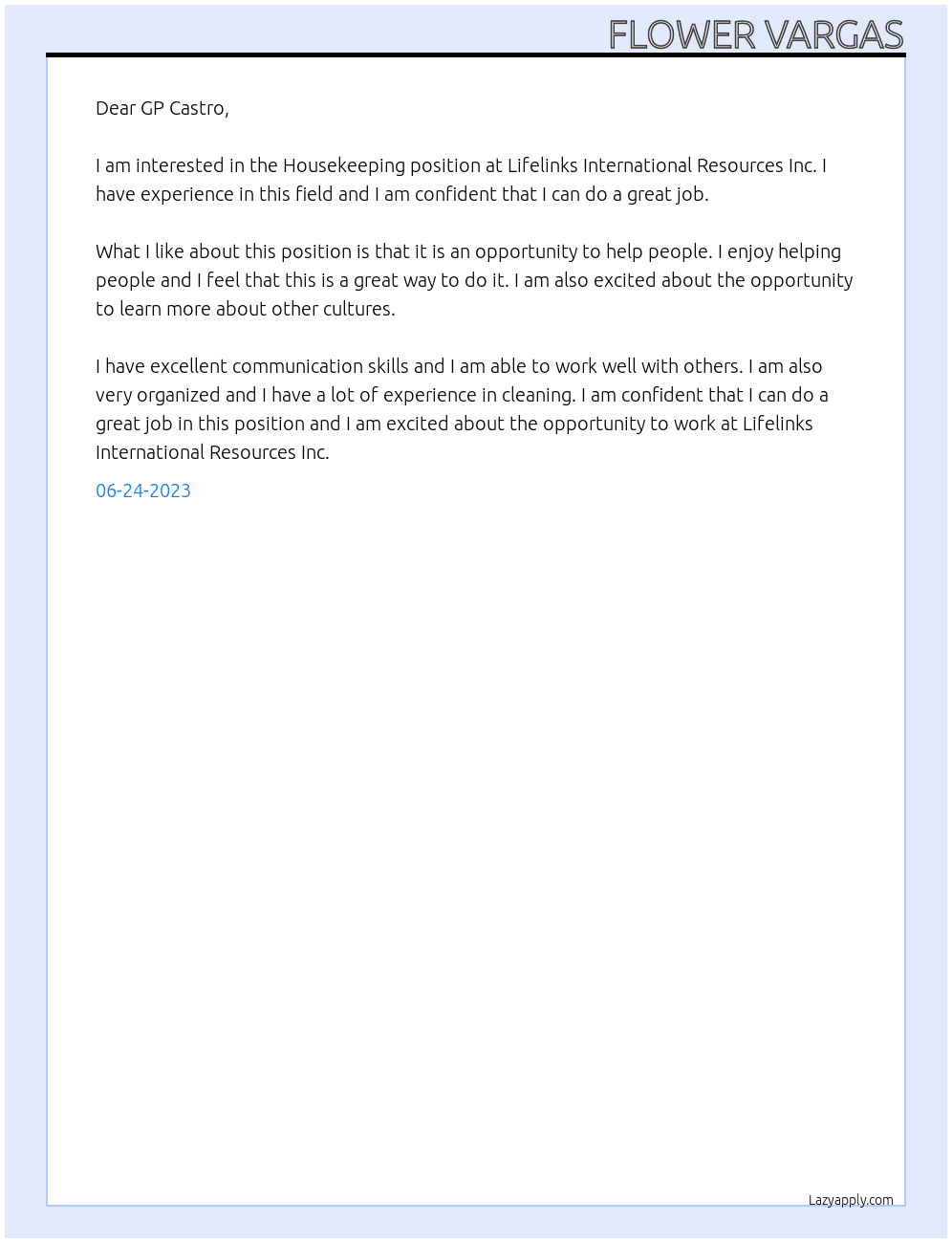 Housekeeping At GP CASTRO Cover Letter