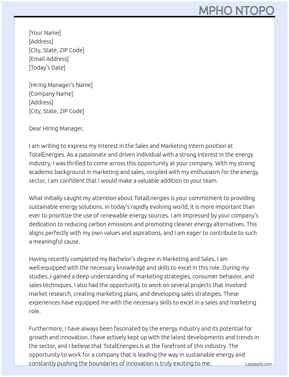 Sales and Marketing Intern At TotalEnergies Cover Letter