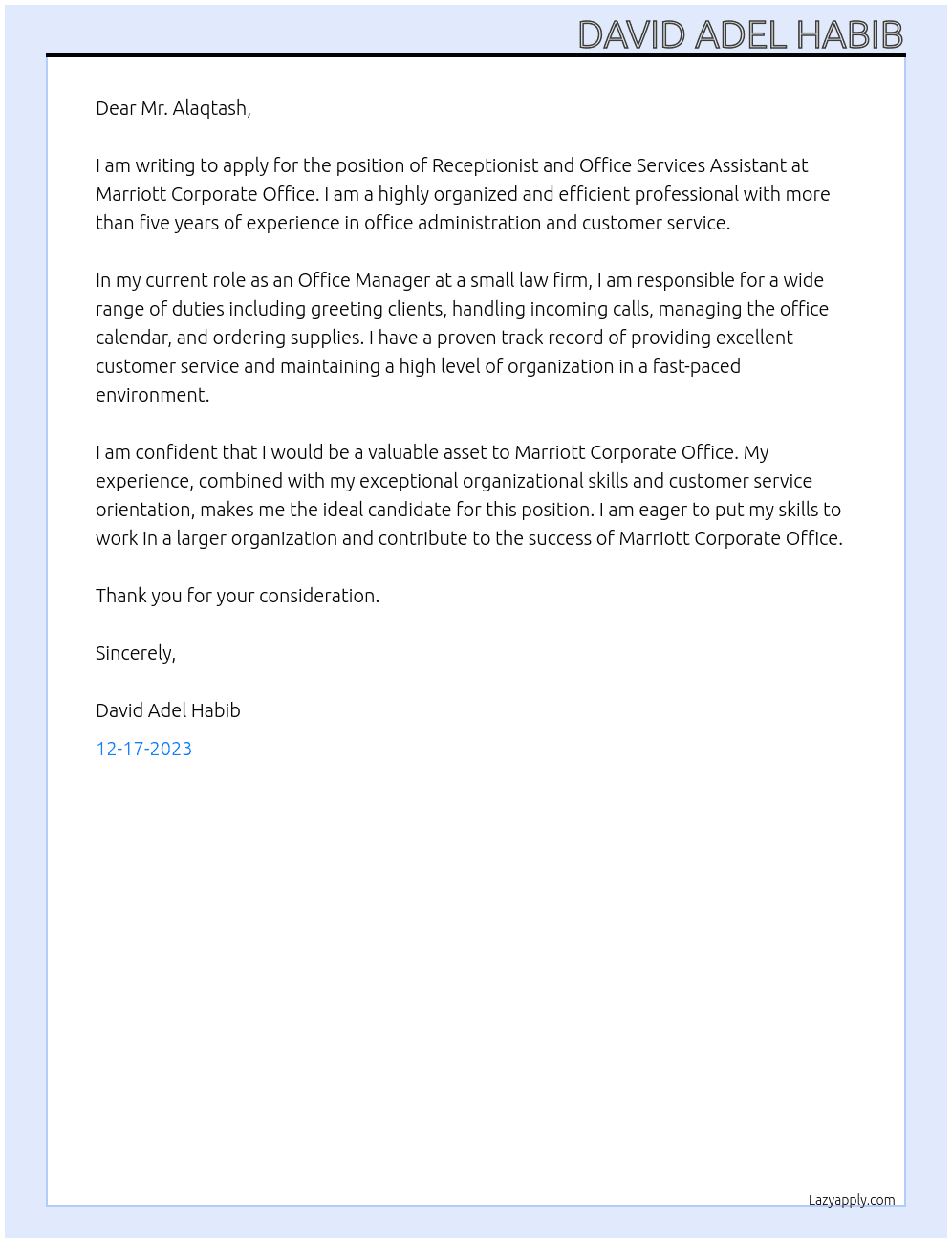 Receptionist and Office Services Assistant At Marriott Corporate Office Cover Letter