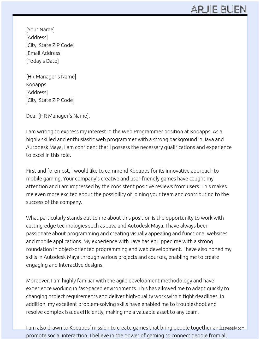 Web Programmer At Kooapps Cover Letter