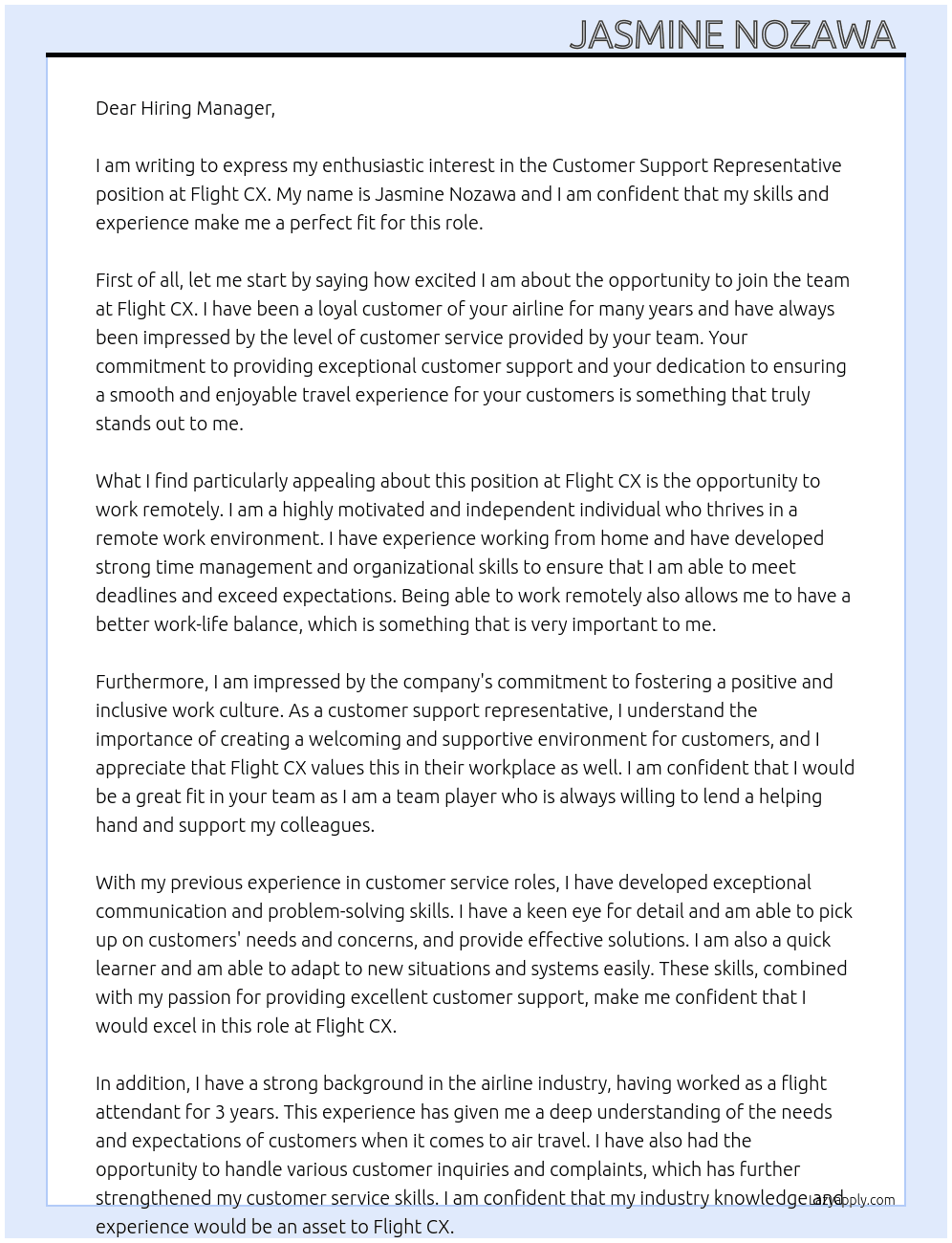 Customer support representative  At Flight CX Cover Letter
