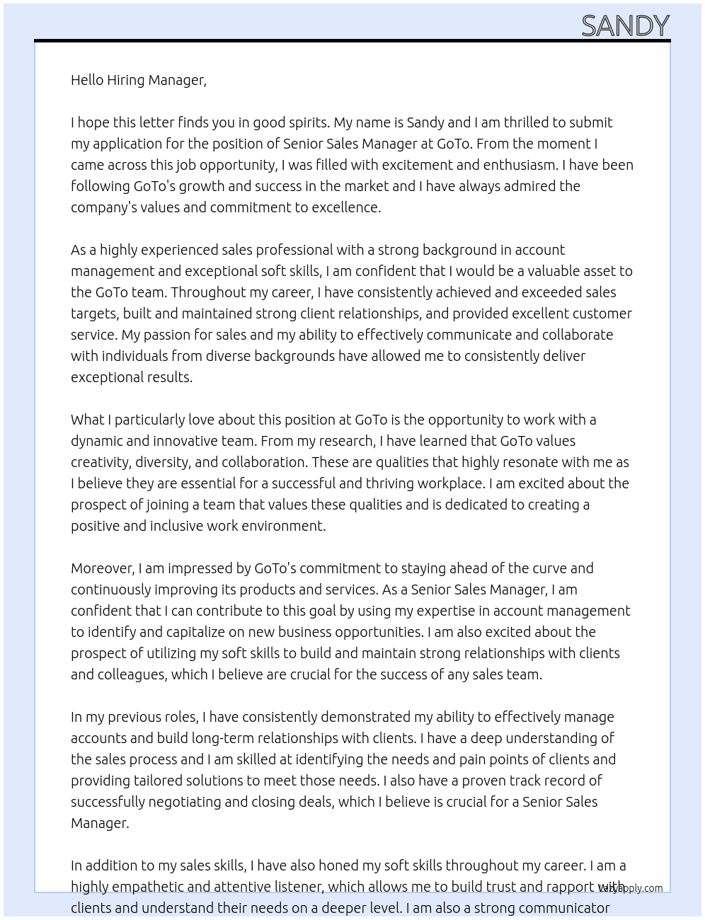 Senior Sales Manager At GoTo Cover Letter