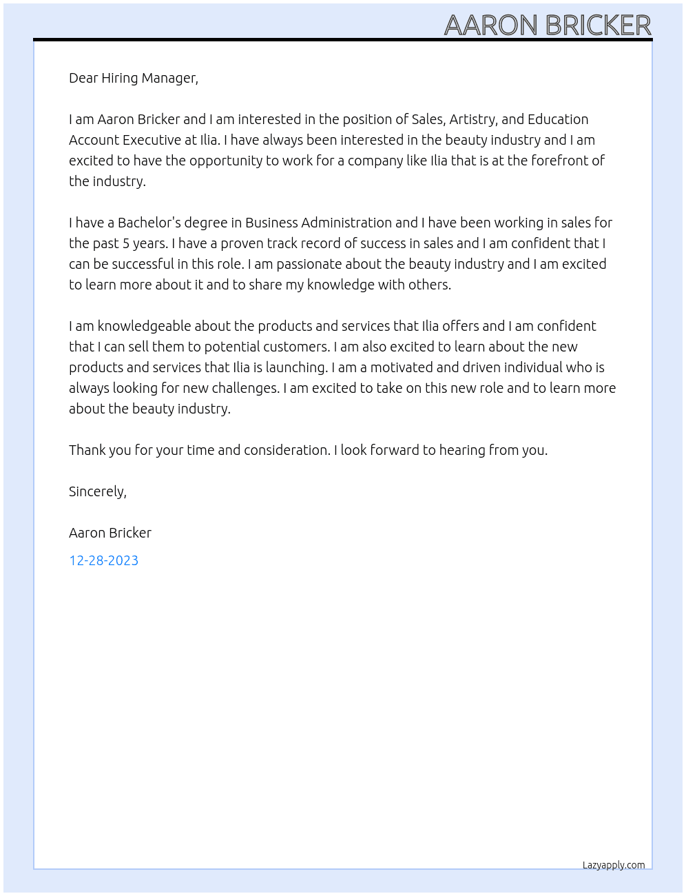 Sales, Artistry, and Education Account Executive At Ilia Cover Letter