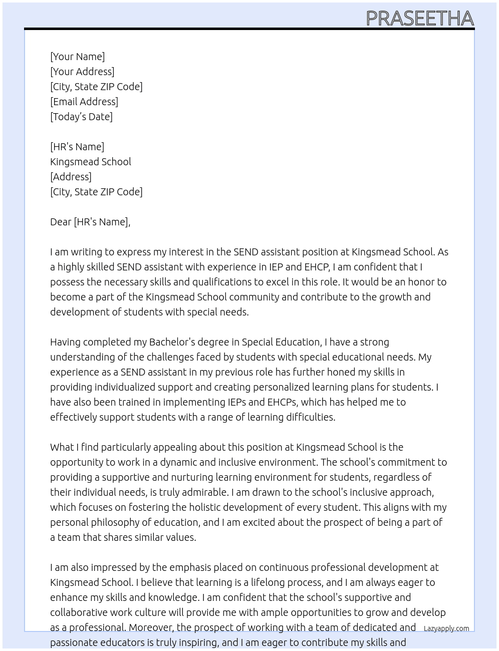SEND assistant At Kingsmead School Cover Letter