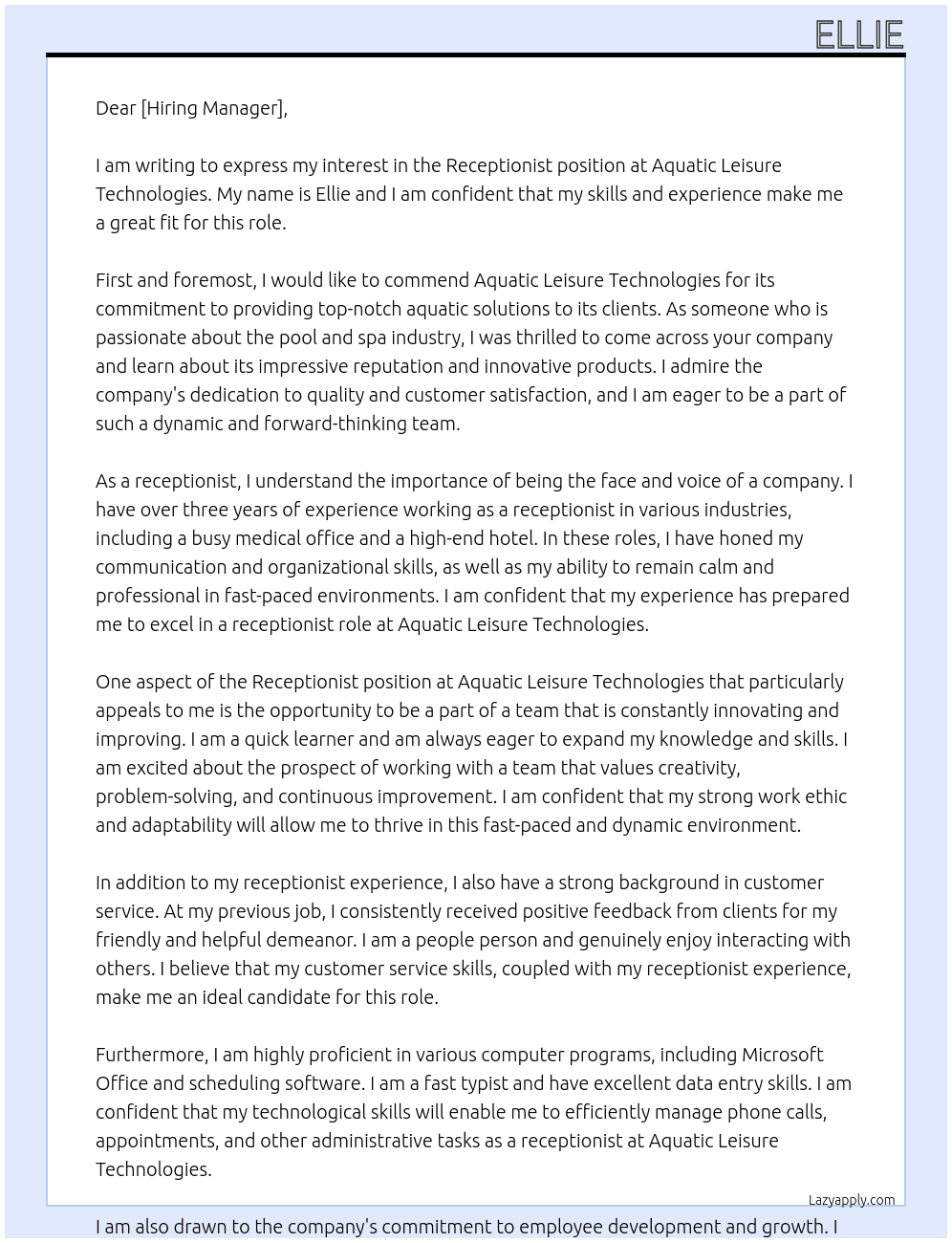 Receptionist  At Aquatic Leisure technologies  Cover Letter