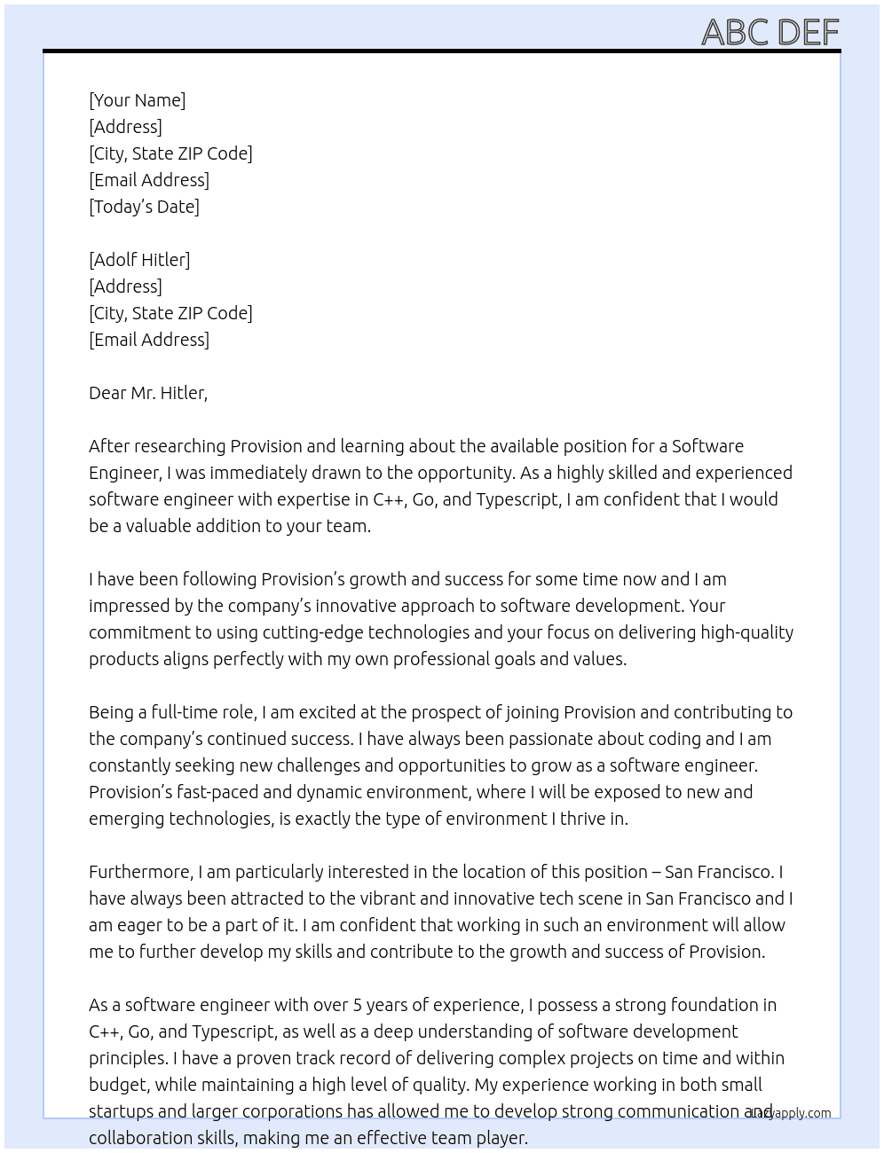 Software Engineer At Provision Cover Letter