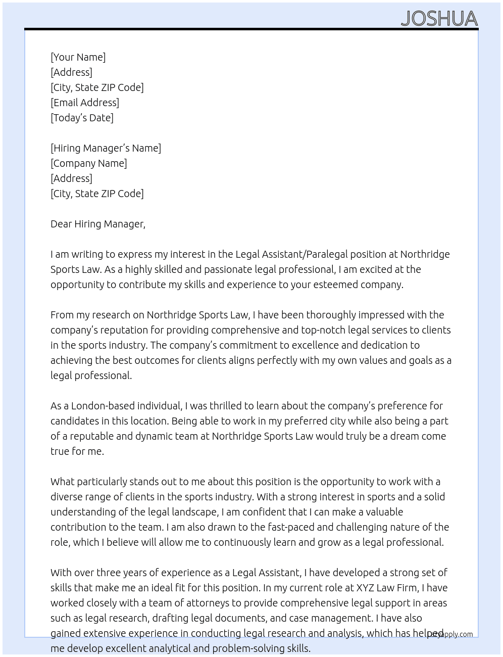 Legal assistant/paralegal  At Northridge sports law Cover Letter