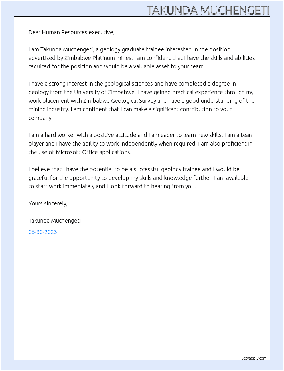 geology graduate trainee At Zimbabwe  Platinum mines Cover Letter