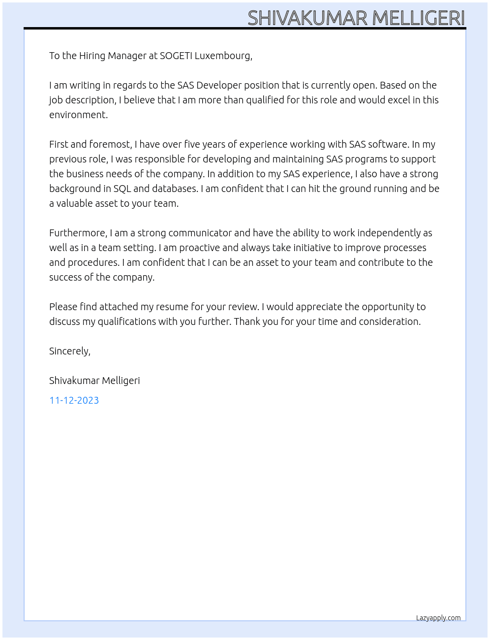SAS Developer At SOGETI Luxembourg Cover Letter