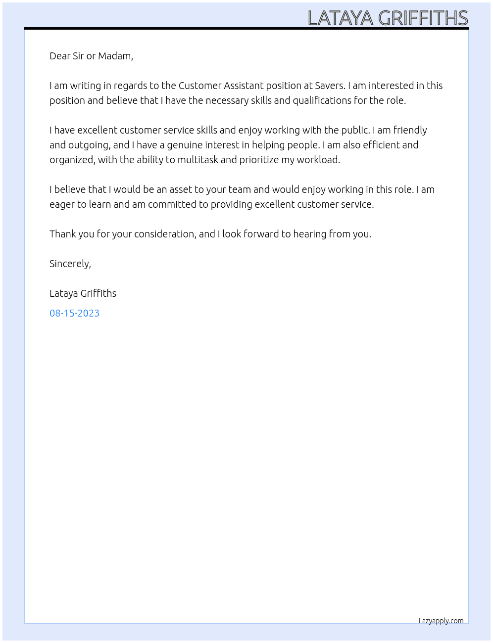 Customer Assistant  At Savers  Cover Letter