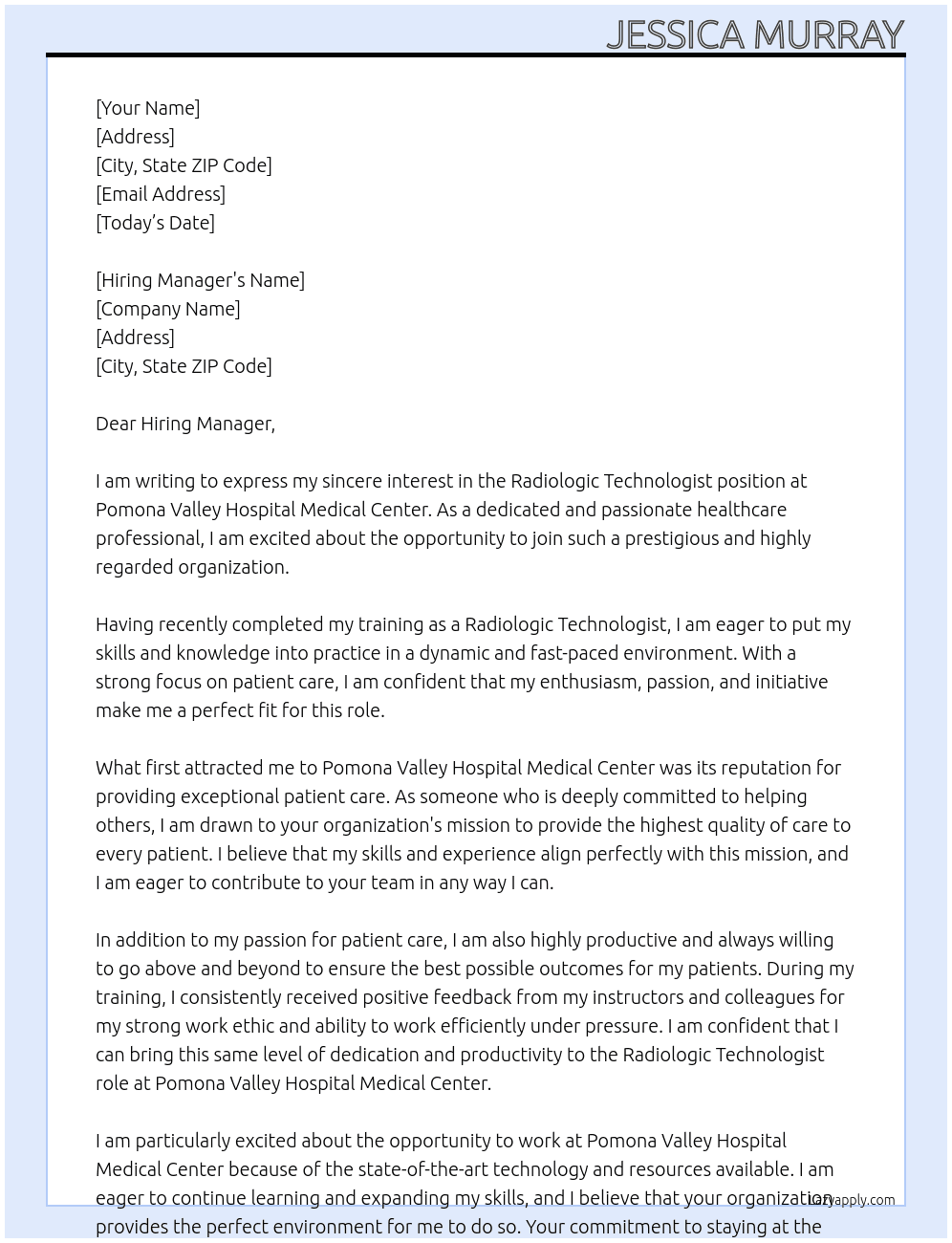Radiologic Technologist  At Pomona Valley Hospital Medical Center  Cover Letter