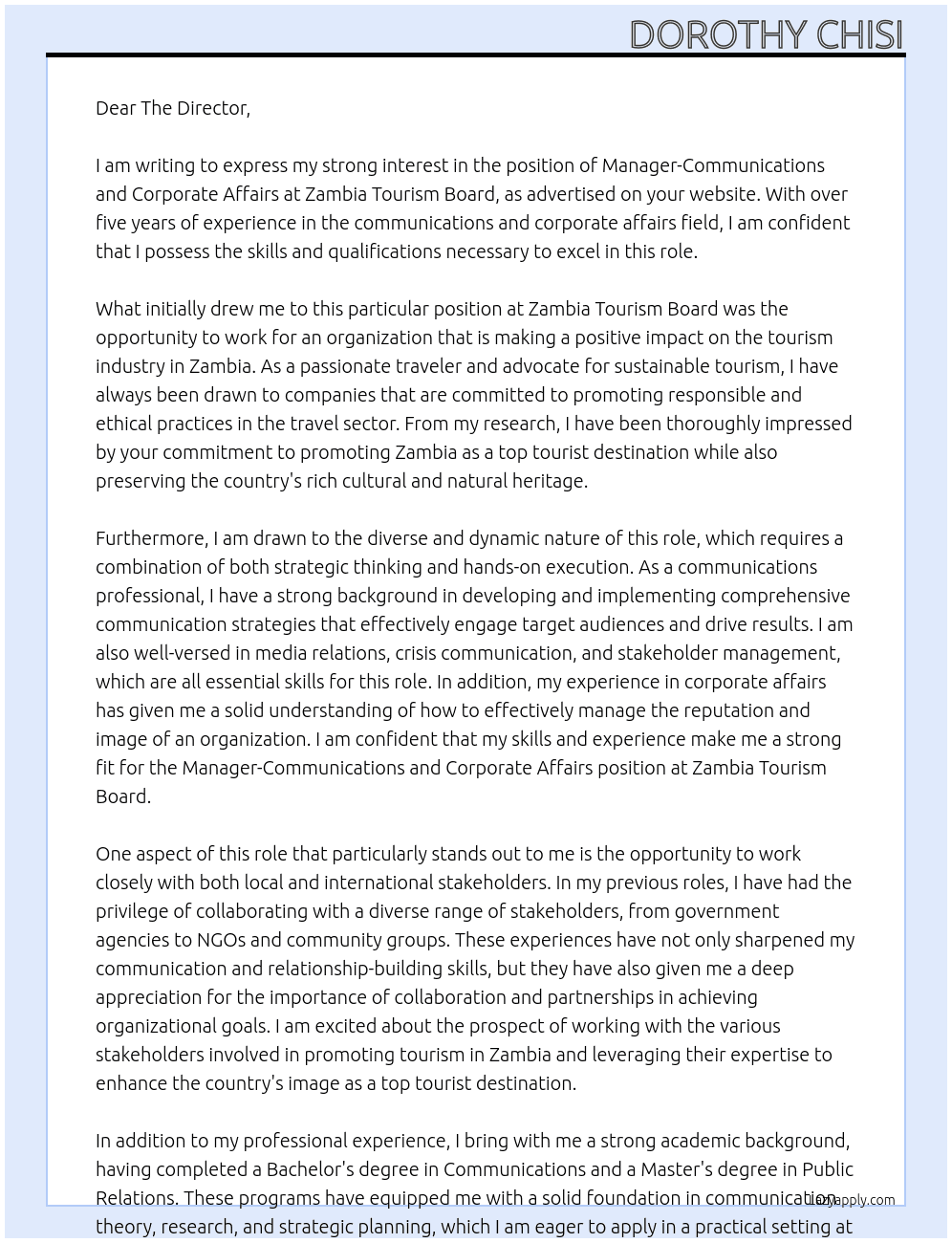 Manager-Communications and Corporate Affairs At Zambia Tourism Board Cover Letter