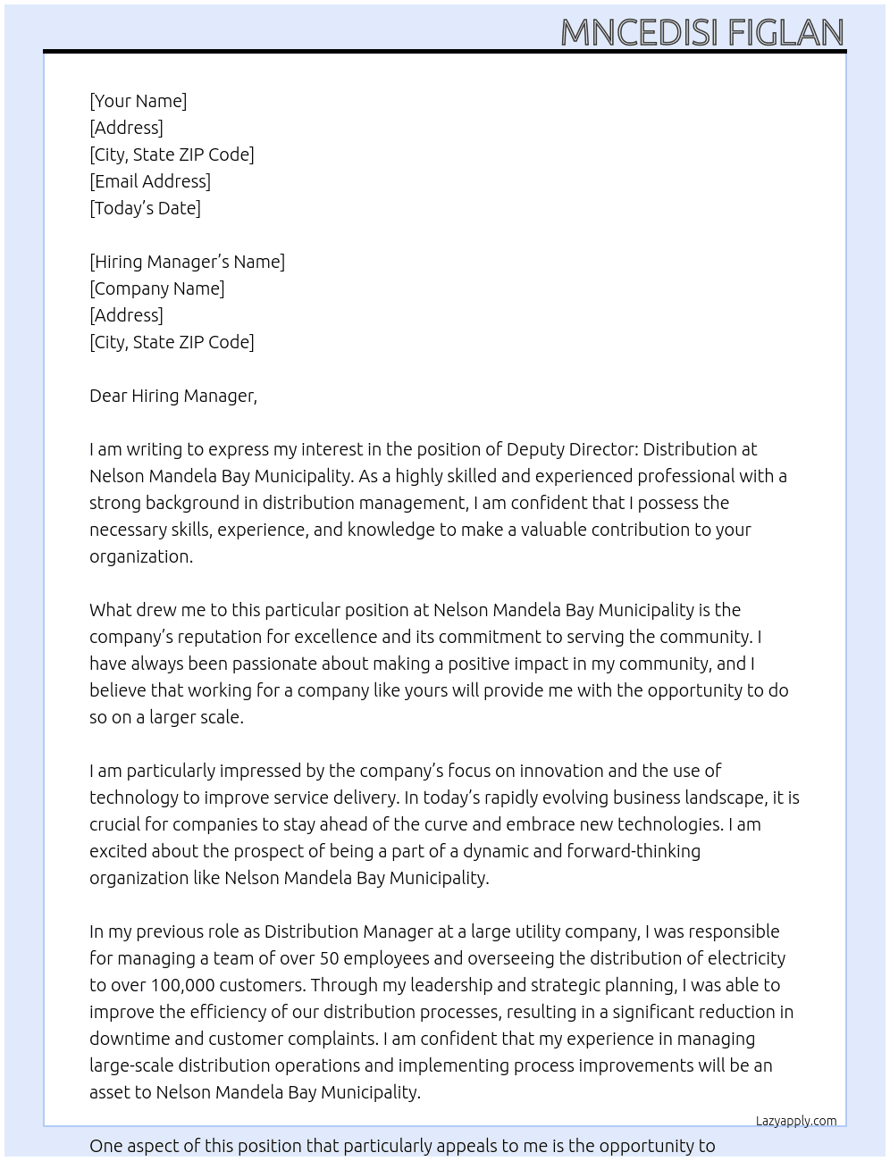 DEPUTY DIRECTOR: DISTRIBUTION in the  At NELSON MANDELA BAY MUNICIPALITY Cover Letter