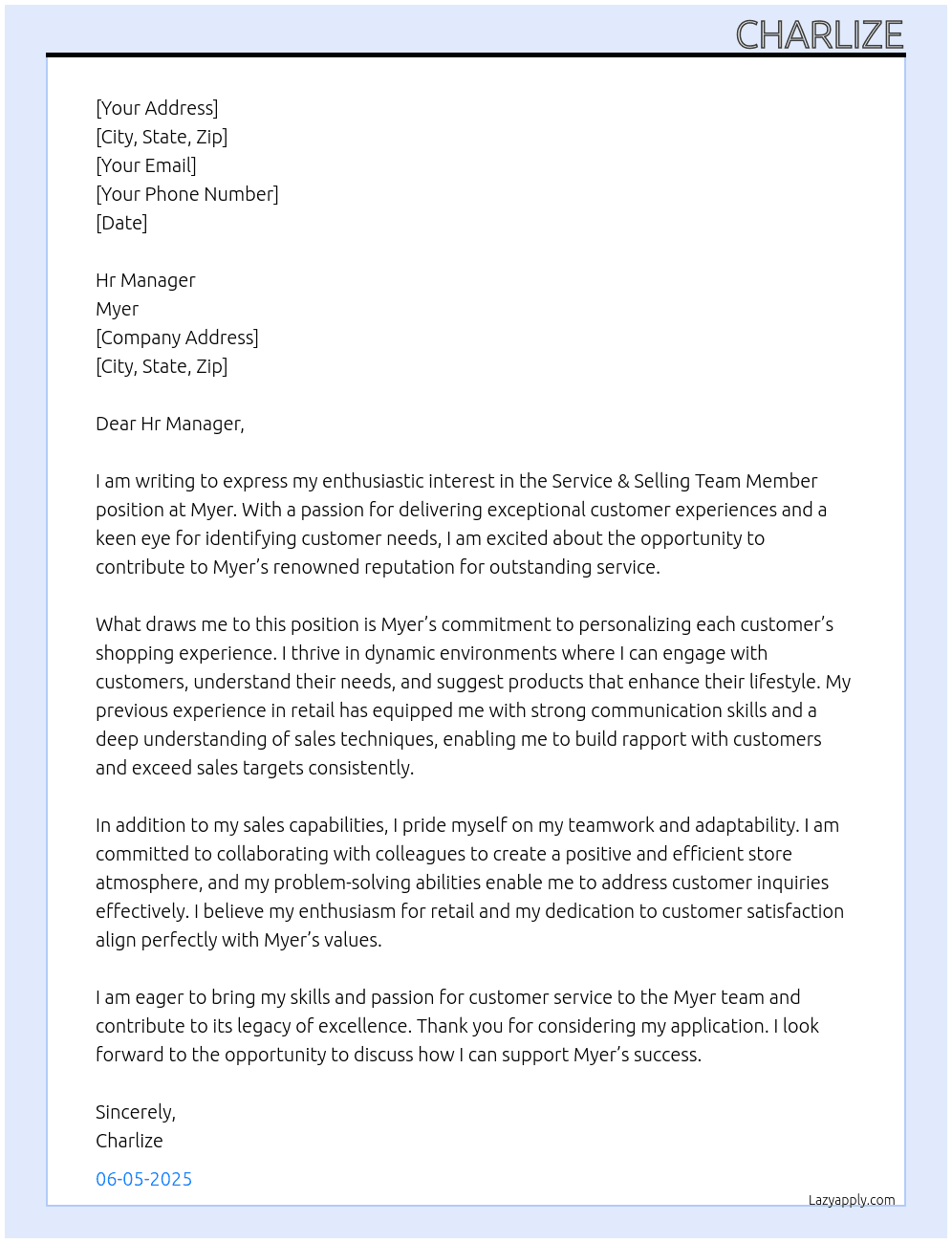 Service & Selling Team Member At Myer Cover Letter