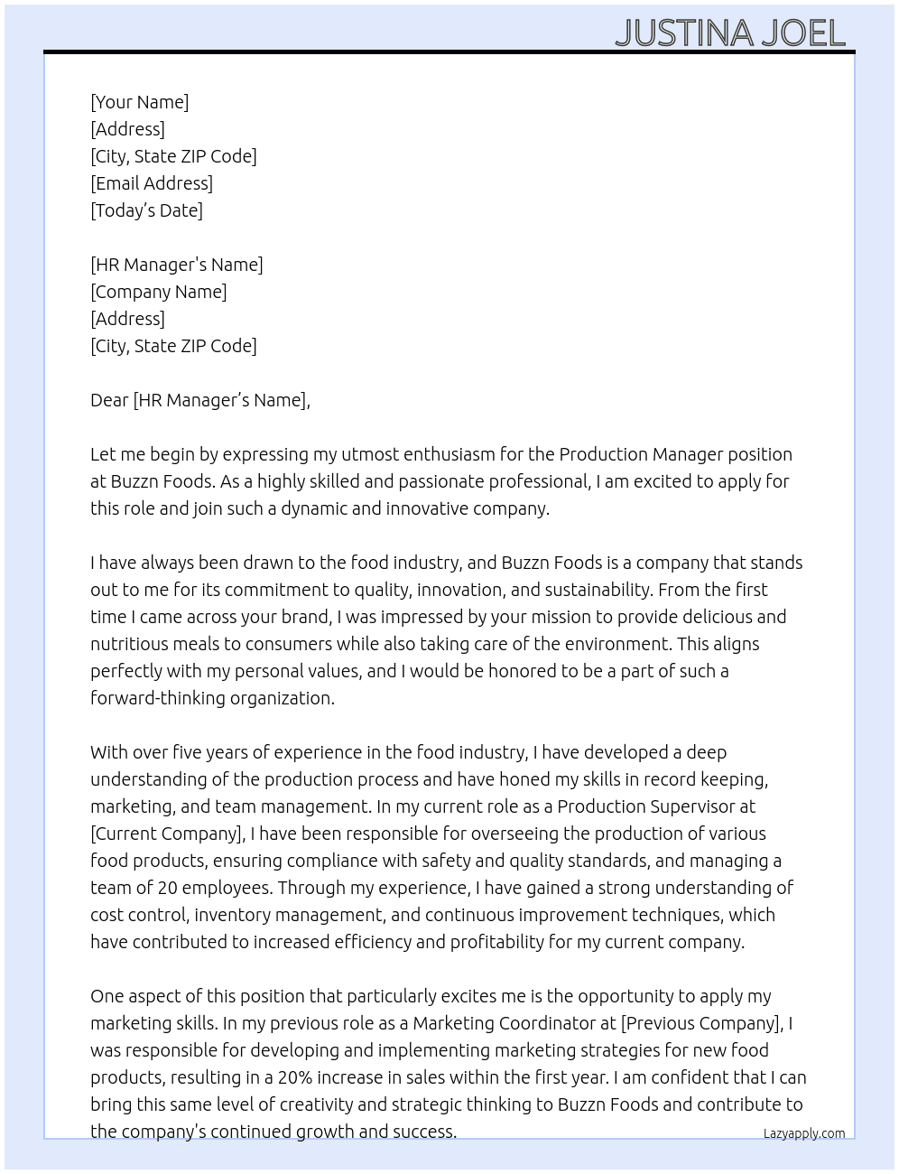 Production Manager  At Buzzn Foods  Cover Letter