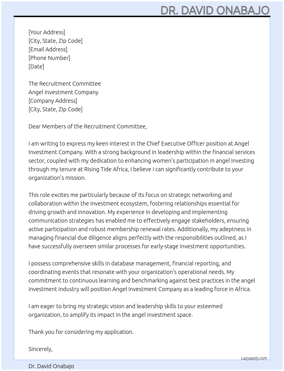 Chief Executive Officer  At Angel Investment Company  Cover Letter