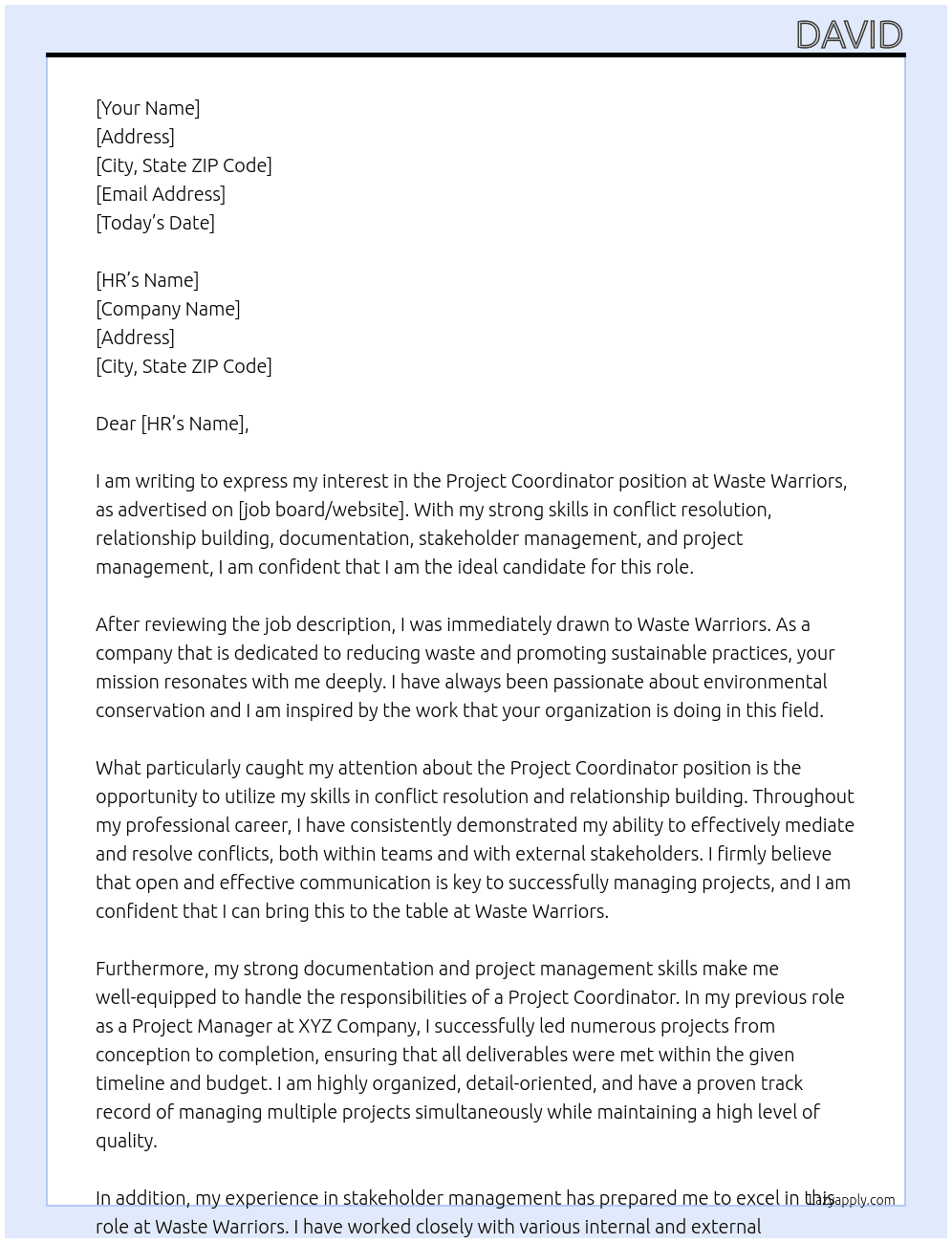  Project Coordinator At Waste Warriors Cover Letter