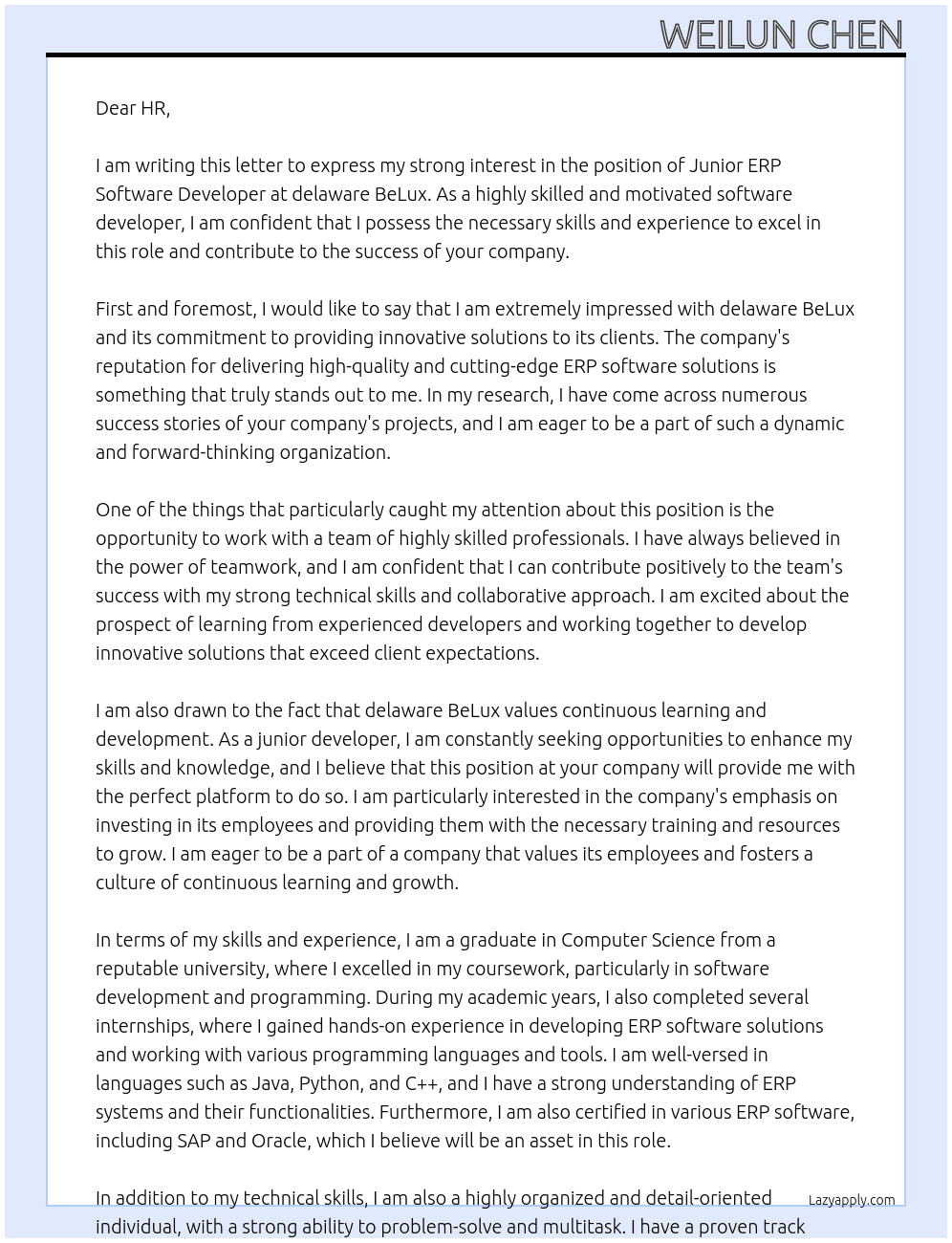 Junior ERP Software Developer At delaware BeLux Cover Letter
