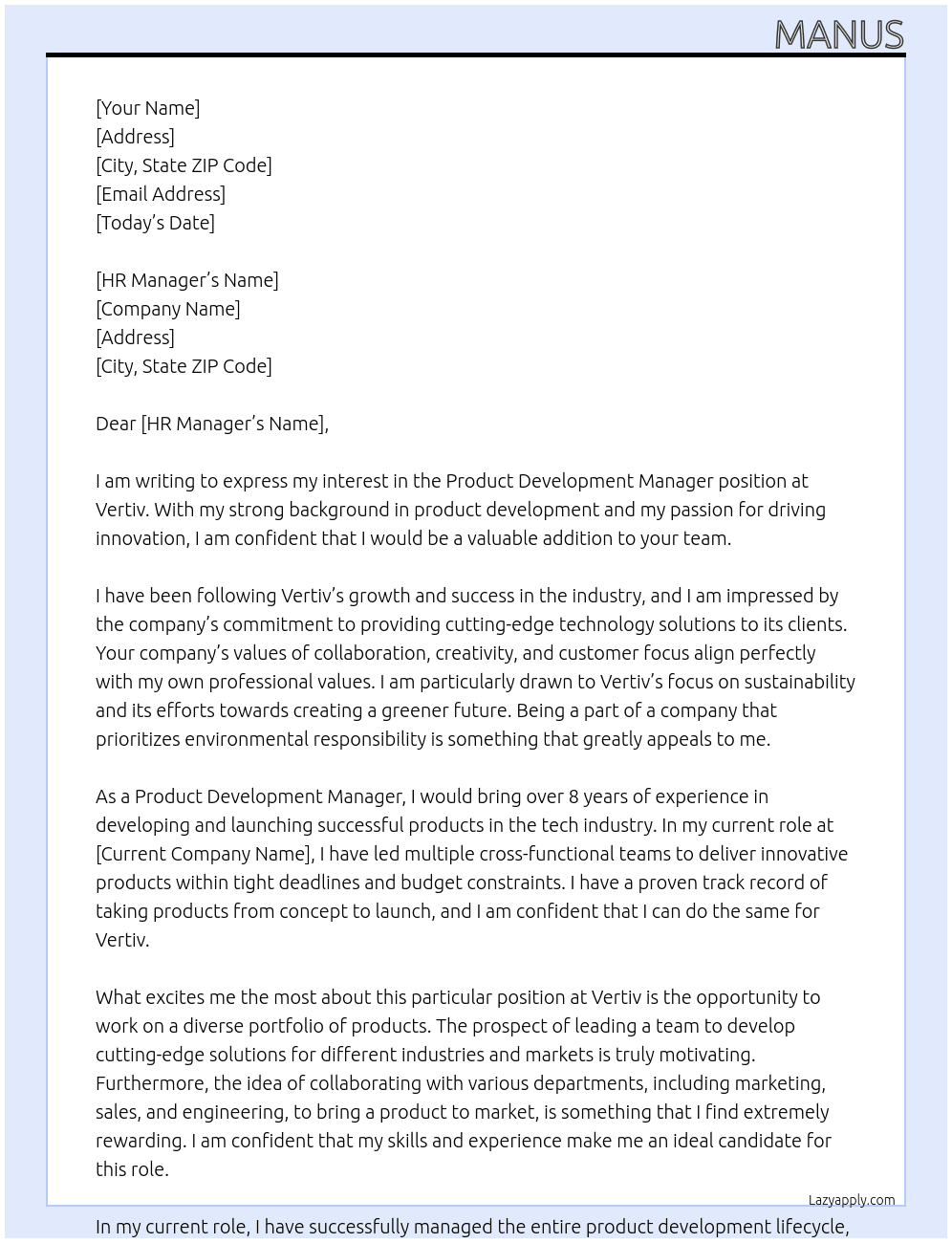 Product development manager  At Vertiv Cover Letter
